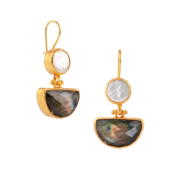Earring made from brass, goldplated, Labradorite, baroque pearl